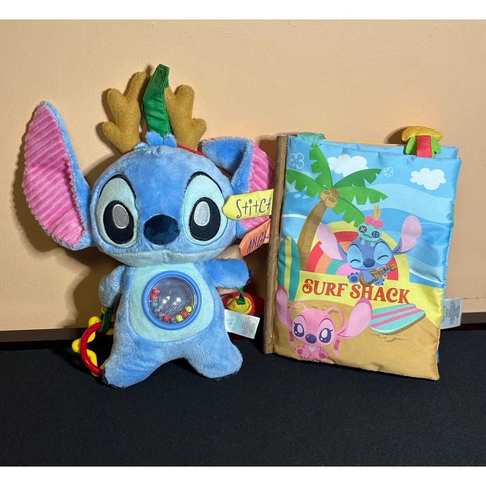Disney Baby Stitch Plush Rattle Activity Toy and Surf Shack Soft Book Set Angel